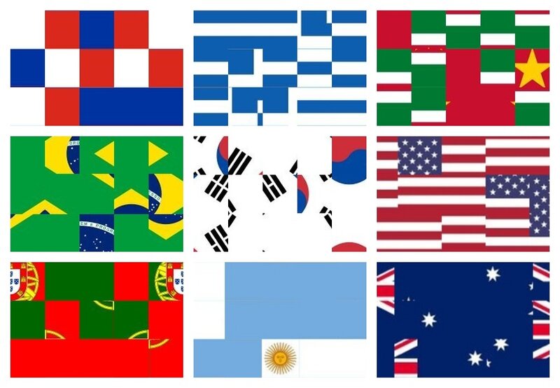 뒤죽박죽 국기로 나라 이름 맞추기 (힌트 제공)