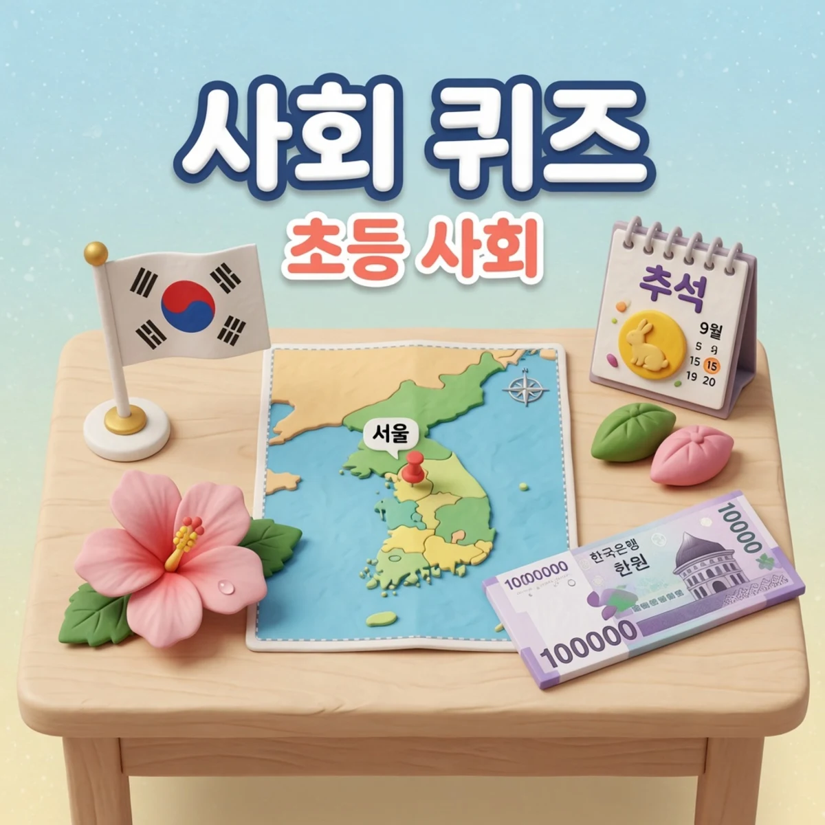 초등 사회 첫걸음 퀴즈 — 우리나라 상징·명절·지리 총정리