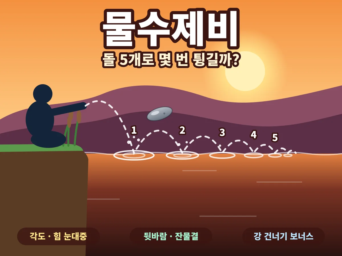 물수제비 게임 - 조약돌 몇 번 튕길까? 각도·힘 눈대중 강가 챌린지 🪨💦